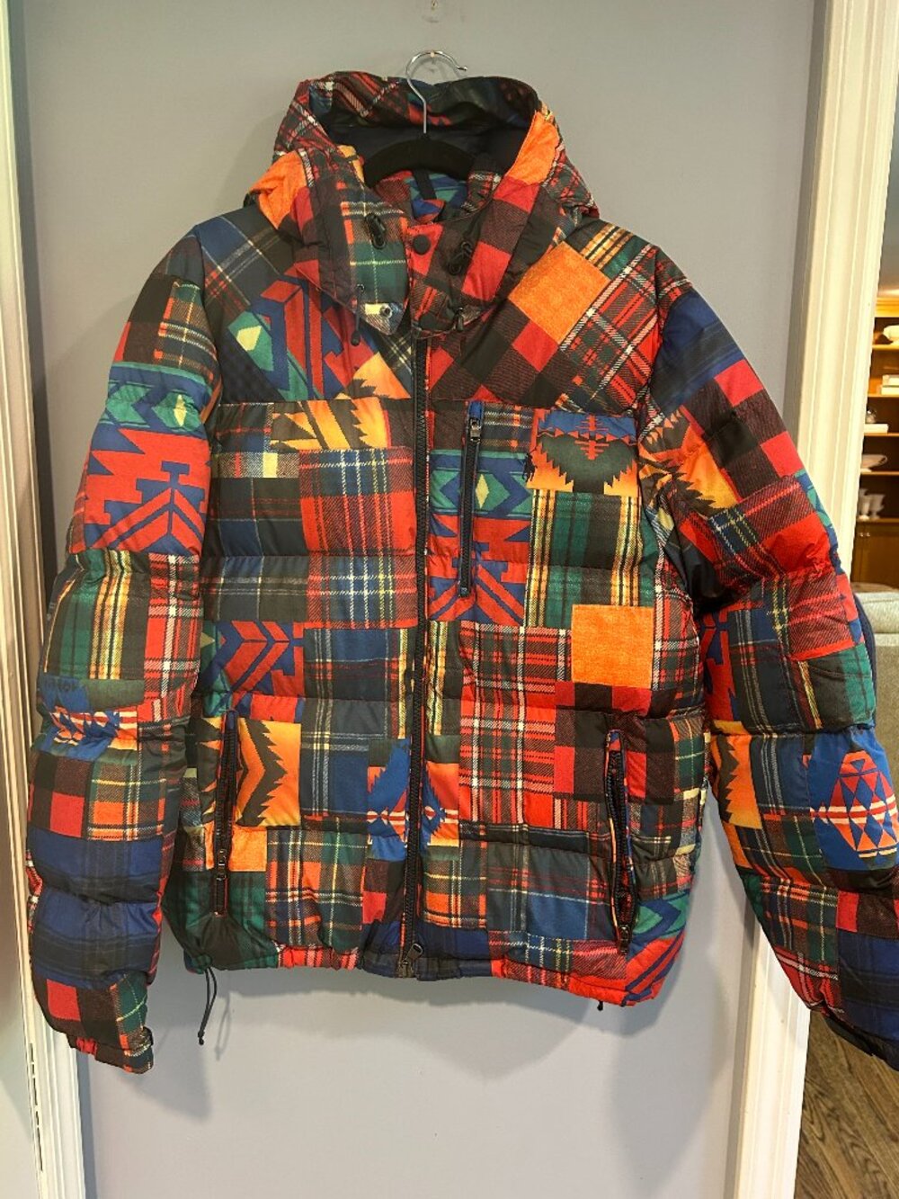 Polo Ralph Lauren Men's L Down Patchwork Plaid Puffer Jacket Hooded Multicolor